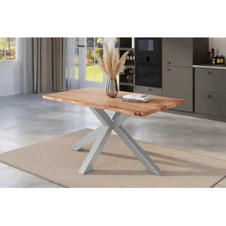 Esstisch Baumkante massiv Akazie natur 120 x 80 cm Spider-Gestell silber KALEA - Naturbelassen