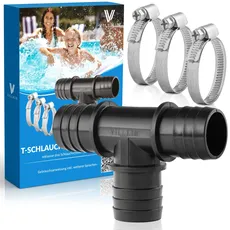 Villkin T-Schlauchverbinder inkl. 3x Schlauchschellen für den Pool - 38mm - T-Stück Schlauchtülle für Poolschläuche schwarz