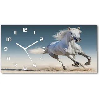Wanduhr aus Glas – 60x30 cm - Glasbild - Glasuhr - Gehärtetes Glas - weisse-zeiger - Weißes Pferd im Galopp