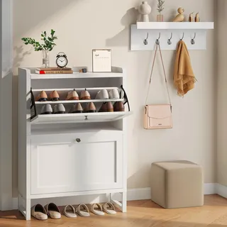 YITAHOME Schuhkipper Schmal mit 2 Klappen, Schuhschrank Schmal mit Garderobe Wandgarderobe mit 5 Haken, Schuhschrank Weiss Schuhkommode für Flur Wohnzimmer Kann hohe Absätze aufnehmen 60 x 25 x 95cm