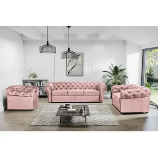 Couchgarnituren im Chesterfield Stil, Set 3+2+1, Relaxsofa mit Steppung, Sofa Sessel mit Holzbeine CHESTER (Puderrosa) - Rosa