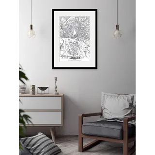 Bild QUEENCE "Hamburg Stadtkarte", weiß (farbe rahmen: schwarz, farbe bild(er): weiß), B:40cm H:50cm, Acrylglas, Holz, Papier, Bilder, Bild, HD Premium Poster-Druck inkl. Holzrahmen