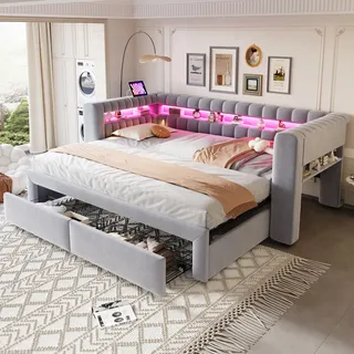 Flieks Schlafsofa 90x190cm mit Ausziehbett 90x190cm, Polsterbett Tagesbett mit Led und Usb, Jugendbett Stauraumbett mit Schubladen, Samt, Hellgrau - Hellgrau