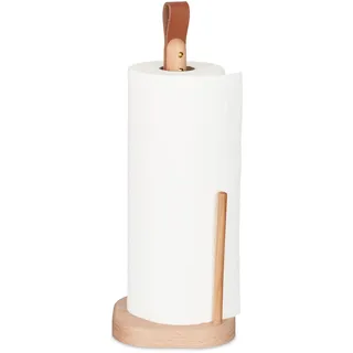 Relaxdays Küchenrollenhalter , Hellbraun , Holz, Leder , 13x35x13 cm, , Küchenzubehör, Küchenhelfer, Küchenrollenhalter