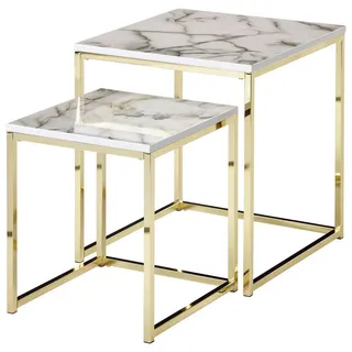 Mid.you Satztisch , Weiß, Goldfarben , Holzwerkstoff , 2-teilig , Marmoroptik , quadratisch , eckig , 45x50x45 cm , Wohnzimmer, Wohnzimmertische, Couchtische, Couchtische Marmoroptik