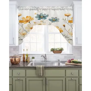 Volants mit Aquarell-Blumenmuster, für Küchenfenster, ländliche Wildblumen-Girlanden, Vorhänge für Schlafzimmer, Badezimmer, über Waschbecken, bunte Pflanzen, Stangentasche, Fensterdekoration, Volants