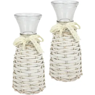 Glasvase mit Rattan und Spitze 2er Set 21cm Vintage Blumenvase Landhausstil Dekovase Rustikale Tischdeko Hochzeit Vase Schleife Einzelblumen Zylindervase Tischvase Deko Trockenblume Pampasgras, Weiß