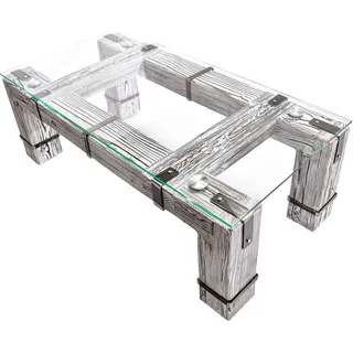 CHYRKA® Couchtisch (Weiss, 120x60 cm H=50 cm) DROHOBYCZ Wohnzimmertisch Massivholz Glastisch Holz Glas Loft Handmade Vintage Deco - Weiß