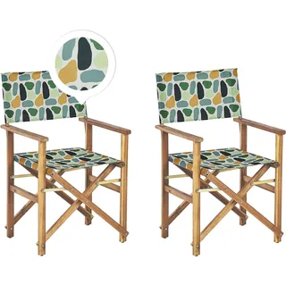 BELIANI Gartenstühle 2er Set Helles Akazienholz mit Wechselbaren Stoffbezügen Cremeweiß und Bunt Fleckenmotiv Zusammenklappbar Outdoor Gartenzubehör - Grün, Bunt, Orange
