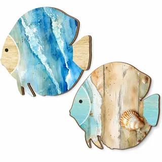 Zerodeko 2 Stück Maritime Wanddeko Holz Fische Himmelblau 15cm | Flache Holzschilder für Badezimmer und Wohnzimmer, Sommerliche Meer Deko im Küstenstil, Wandgestaltung