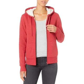 Amazon Essentials Damen Sherpa-gefütterte Fleece-Kapuzenjacke mit durchgehendem Reißverschluss (erhältlich in Übergröße), Rot Meliert, M