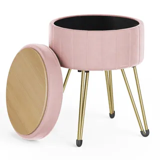 Songmics Runder Sitzhocker, Hocker mit Stauraum, Samt Schminktisch Hocker, 39 cm d, 44,4 cm H, 4 Metallbeine, für Ankleidezimmer, Wohnzimmer, Schlafzimmer, pastellrosa LOM003R01