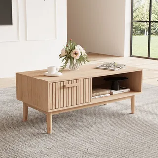 Fortuna Lai Rattan Couchtisch - Naturholzfarben, skandinavisch Beistelltisch aus Rattan für Wohnzimmer, L100 x B50 x H43cm