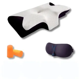 Orthopädisch Ergonomisches Kissen Therapiekissen Nackenkissen mit Memory Schaum für Halswirbelsäule für Halswirbelsäule & Schulterentspannung mit Schlafmaske + Geräuschreduzierende Ohrstöpsel Schwarz