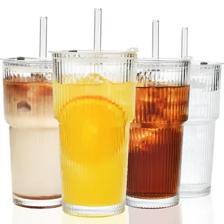 ALINK 4 Stück 600ml Gerippte Glasbecher mit Deckel und Strohhalm, dickwandige und robuste Smoothie Becher aus hochwertigem Glas, luftdichtes und wasserdichtes Design, ideal als Kaffee