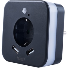 smrter LED-Nachtlicht mit Bewegungsmelder und Steckdose, 2x USB 2.4A, weiß, automatischer Lichtsensor, GS (geprüfte Sicherheit) (1 Stück [BLACK EDITION])
