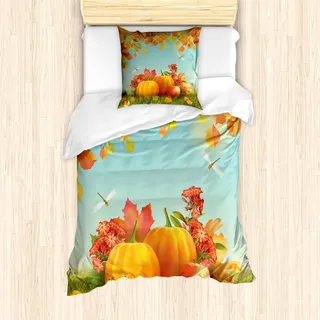 ABAKUHAUS Ernte Mantele, Herbstsaison Yield Blatt, Milbensicher Allergiker geeignet mit Kissenbezügen, 135 cm x 200 cm - 80 x 80 cm, Orange Vermilion Grün - Orange