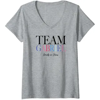 Damen Emily in Paris Team Gabriel Rainbow Text Logo T-Shirt mit V-Ausschnitt