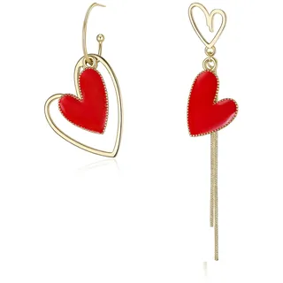 EVER FAITH Asymmetrische Ohrringe für Damen, Gold-Ton Große Lange Rot Pink Herz mismatched earrings Ohrhänger Schmuck