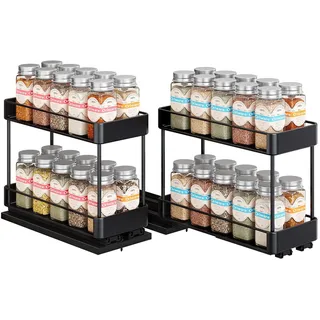 OriwarE Gewürzregal Ausziehbar, 2 Stück, 26.29 cm x 11.43 cm x 21.34 cm, Küchen Organizer, Einfache Installation, Metall, 2 Etagen, Schwarz