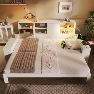 STILVORA Stauraumbett 90x200 cm mit Matratze Doppelbett mit Ausziehbett und USB/USB-C Anschlüssen, Tagesbett mit Doppeltüren aus Holz, Jugendbett platzsparendes Weiß - Weiß
