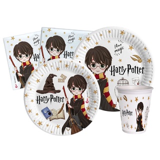 Partygeschirr Party-Set Harry Potter für 24 Personen (112 pcs: 24 Pappteller Ø23cm, 24 Pappteller Ø18cm, 24 Becher 250ml, 40 Servietten 33x33cm) aus eco-friendly kompostierbarem Papier