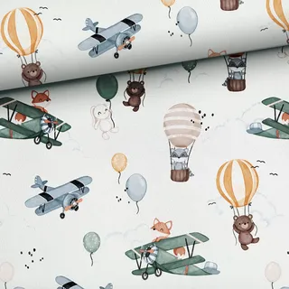 50x150cm Waldtiere & Flugzeuge Premium Baumwollstoff für Kinder - Kinderstoffe & Babystoffe aus 100% Baumwolle - fliegende Tiere Stoffe für Kinder & Baby zum Nähen - Fuchs Bär Hase - keine Meterware