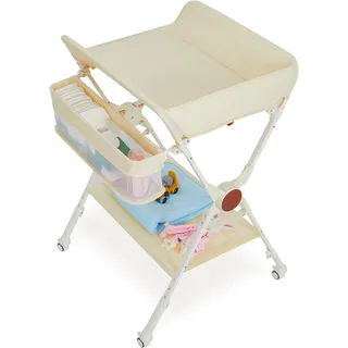 GarveeHome Baby Wickelkommode, Wickeltisch Klappbar Mit Rollen, Mobiler Wickeltisch Mit 3-Stufiger Höhenverstellung & Ablage Für Neugeborene, Kleinkinder 73x70x106,5Cm