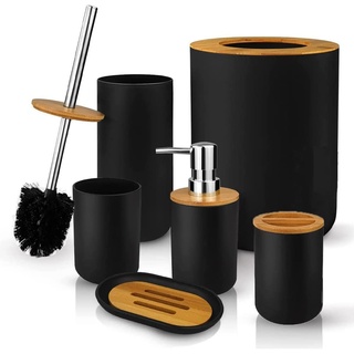 Tiamu 6 Pack Bambus Badezimmer Set, WC Toilettenbürste mit Seifenspender, Zahnbürstenhalter Becher, Seifenschale, Seifenspender, Mülleimer, Badezimmer Organizer, Modern Badaccessoires (Schwarz)