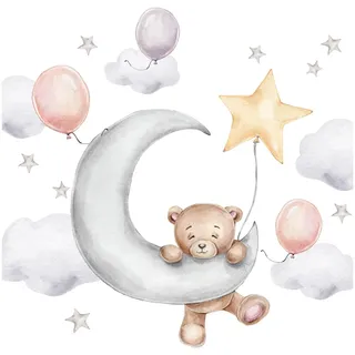 Little Deco Wandsticker Bär auf dem Mond mit Luftballons Wandtattoo für Babyzimmer Teddybär Sterne Wandaufkleber Kinderzimmer Deko DL829-4