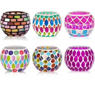 Toptime Teelichthalter 6er Set, Mosaik Glas Kerzenständer Bunte Handgefertigte Kerzenhalter, Romantischer Teelichtgläser für Tischdeko, Windlichter für Weihnachten, Geburtstage, Hochzeiten, Partys