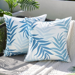 MIULEE Outdoor Kissenbezug Wasserdicht Kissen Wasserfest Dekorative Kissenbezüge Blattmuster Sofakissen Zierkissen Dekokissen für Garten Sofa Couch Wohnzimmer Schlafzimmer 2er Set 50x50 cm Hellblau