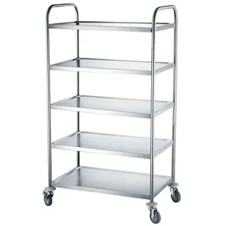 HENDI Servierwagen, Küchenwagen, Rollwagen, mit 4 Lenkrollen-2 davon gebremst, mit Stoßschutz, mit 5 Regalböden, Maximale Belastung pro Tray 50 kg, 905x585x(H)1545mm, Edelstahl
