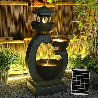 Springbrunnen Solar Gartenbrunnen für Außen mit LED Beleuchtung Zimmerbrunnen Kaskade Brunnen Wasserspiel Wasserfall Brunnen für Garten,Balkon,Terrasse, 89.5x45x27 cm - Grau