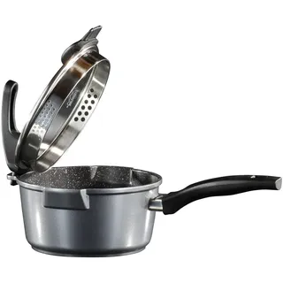 STONELINE Future Aluguss Stielkasserolle mit Deckel und Sieb-Funktion 18 cm, 2 L, Kleiner Topf Induktion für alle Herdarten, Milchtopf Kochtopf antihaftbeschichtet mit echten Steinpartikeln, Grau
