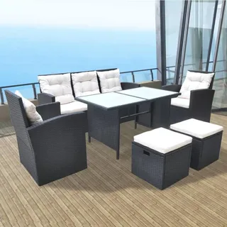 6 TLG. Garten Lounge Set Schwarz Poly Rattan Auflagen 7 Personen - Schwarz