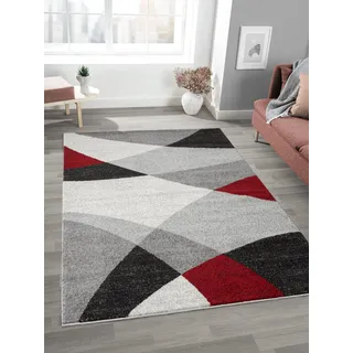 Mia's Teppiche "Mosaix - Moderner Dichter Kurzflor Teppich für Wohn- und Schlafzimmer, mit Konturenschnitt, Geometrischen Mustern, Kariert, in Grau Rot, 80 x 140 cm