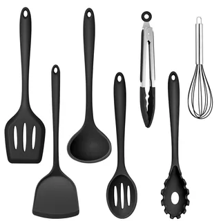 TEAMFAR Küchenhelfer, 7 Stück Silikon Küchenutensilien Küchenset, Antihaft Hitzebeständiger Kochbesteck Set mit Pfannenwender für Kochen, Ungiftig, Einteiliges Design & Leicht zu reinigen, Schwarz