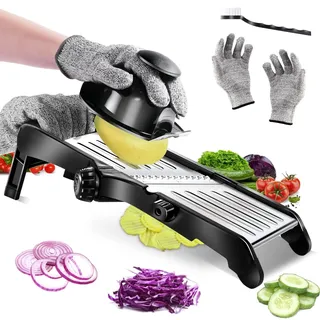 Gemüsehobel Mandoline, Masthome 10-in-1 Gemüsehobel Verstellbar, Edelstahl Gurkenhobel, Multifunktion Scheiben für Kartoffel, Zwiebel, mit 1 Anti-Schneid-Handschuhe,1 Reinigungsbürste
