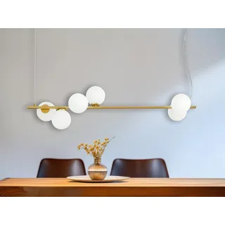 LED Pendelleuchte mehrflammig Gold & Glaskugeln Weiß für Esstisch, Breite 120cm