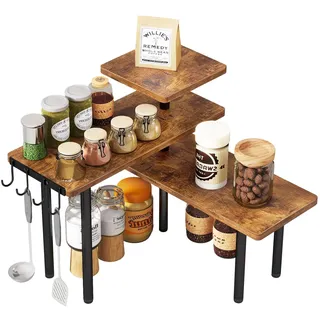 IBUYKE Arbeitsplatten-Organizer, Eckregal, 3-stöckiges Gewürzregal mit Haken, verstellbare Ausrichtung,Küchenregal, platzsparend für Küche, Bad, Theke, Schrank, Pflanze, rustikal braun, TLJ023H