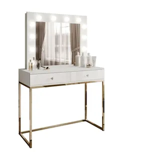 Lookway Schminktisch Blanco mit Spiegel und Beleuchtung Gold Chrom Weiß Hochglanz Kristallgriff , Weiß Hochglanz, Goldfarben , Holzwerkstoff , 100x146x42 cm , Schlafzimmer, Schminktische