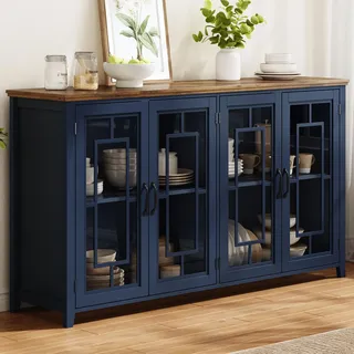 Flieks 160cm breites Küchen-Sideboard mit Glastüren, geräumigen Staufach und Kippsicherung, Beistellschrank 160x40x86cm, Mehrzweckschrank, Blau - Blau