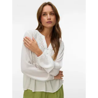 Shirtbluse VERO MODA "VMMENNY EMB LS TOP WVN NOOS", Damen, Gr. M, snow weiß, Web, Obermaterial: 100% Viskose, unifarben, normal, V-Ausschnitt, elastischer Bund, Blusen Shirtbluse, Viskose, Stickerei Details