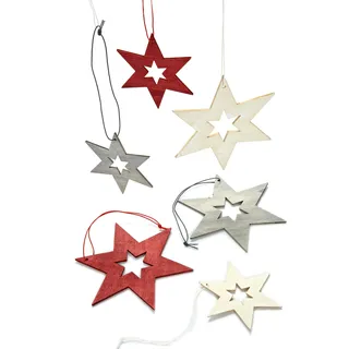 HEITMANN DECO Christbaumschmuck aus Holz - Sterne zum Aufhängen - Weihnachtsbaumschmuck Weihnachtsdeko - 24-teilig Rot, Grau, Natur, 22 x 13 x 4.5 cm
