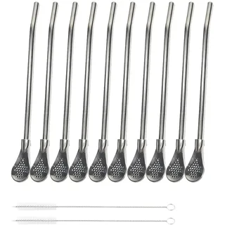 Dstarymnix 10x Mate Trinkhalm Edelstahl Bombilla mit Sieb, Trinkhalme mit Löffel, Trinkhalmlöffel in Löffelform mit Reinigungsbürste, Wiederverwendbar für Mate Tee, Cocktails und Heißgetränke
