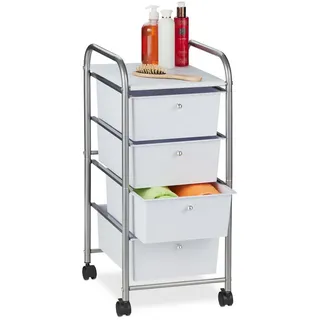 Relaxdays Badrollwagen, 4 Schubladen, Metall & Kunststoff, Rollcontainer Bad, Kosmetik, HBT: 74 x 33 x 39 cm, silber