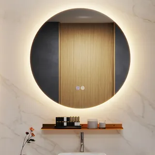 RELAX4LIFE Badspiegel mit Ablage, LED Badspiegel Rund 60 cm, Rahmenloser Badezimmerspiegel mit Beleuchtung, Wandspiegel mit Touch-Schalter, Anti-Beschlag, Dimmbar 3 Lichtfarben, Speicherfunktion