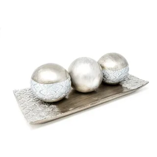 Elegantes Deko Tablett mit Ornamenten in Silber Dekorative Schale mit Kugeln Set für Wohnzimmer Länglich Eckig schwere Qualität