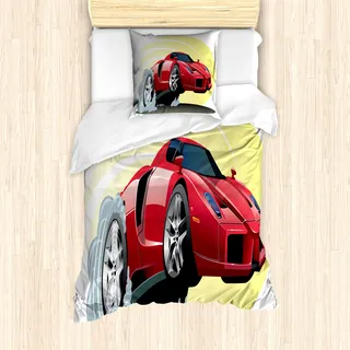 ABAKUHAUS Autos Mantele, Cartoon Fahrzeug Leistungsstarke, Milbensicher Allergiker geeignet mit Kissenbezügen, 135 cm x 200 cm - 80 x 80 cm, Rot, Gelb, Grau - Rot